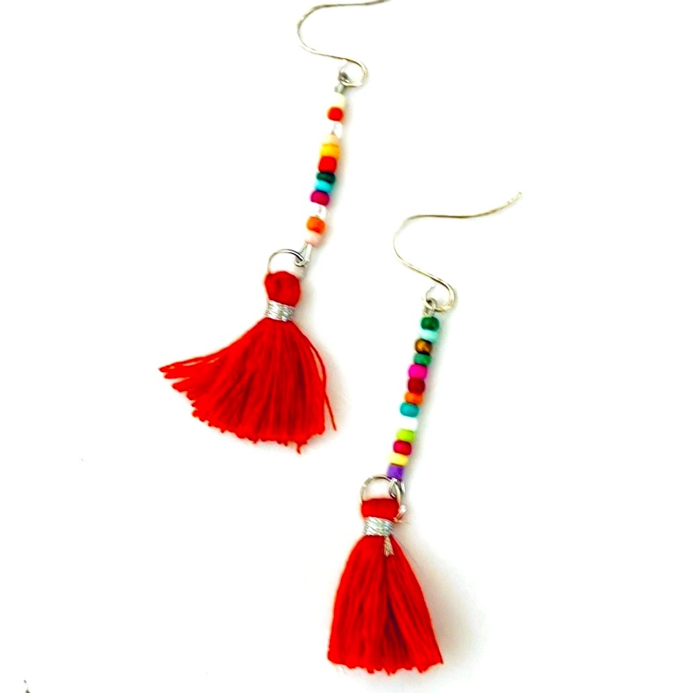 Artisan Crafted Red Tassel Multi-Colored Seed Bead Earrings